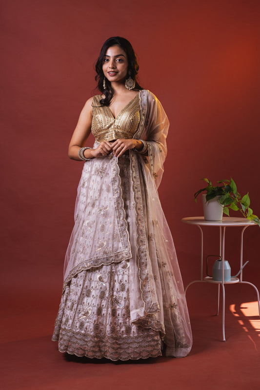 White Golden Mughal Lehenga Skirt front