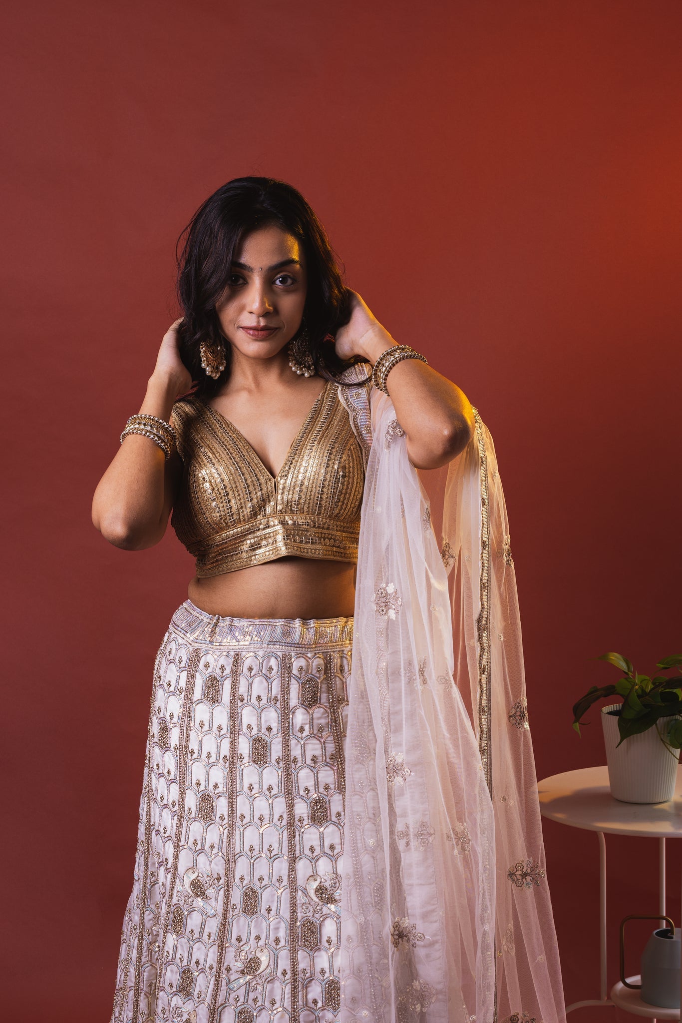 White Golden Mughal Lehenga Skirt front up